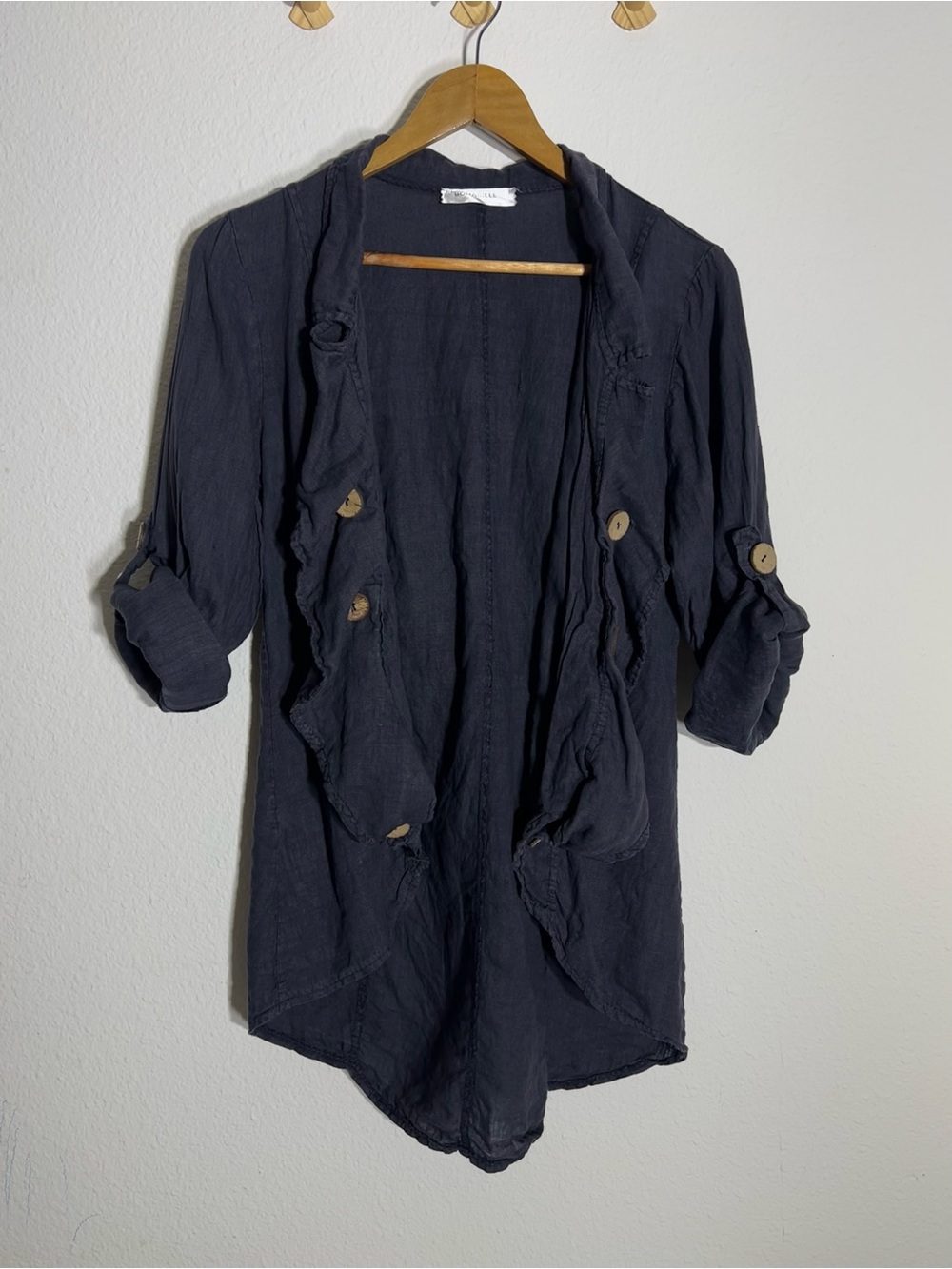 BOHABILLE • linen cardigan with draped shawl collar and asymmetrical ruffle
